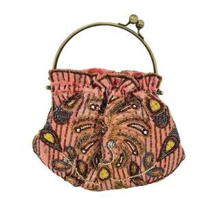 Vintage Beaded Pink Gold Bag Ring Handles Kiss Lock Closure 70’s-80’s